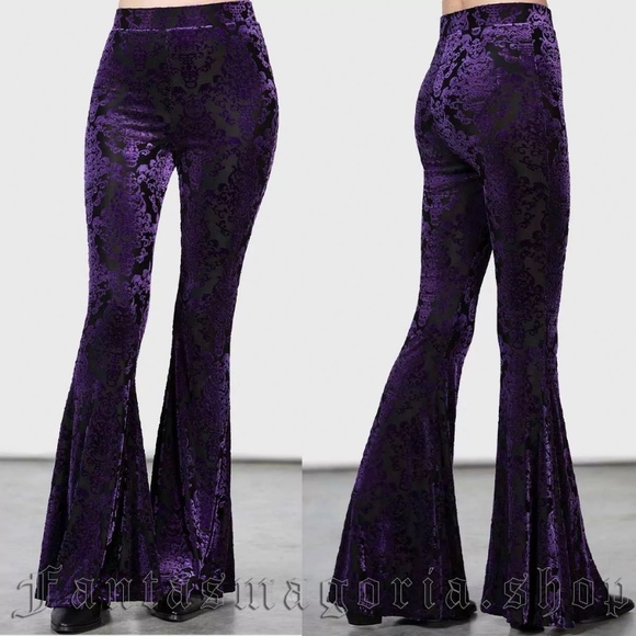 Killstar Pants - Purple Velvet Burnout Mesh Flares